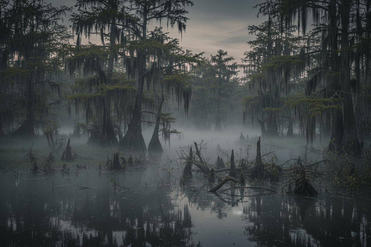 dark swampy foggy louisiana bayou 
